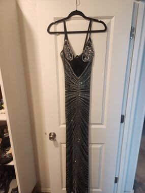 Black Beaded Evening Gown with Sparkle Detail